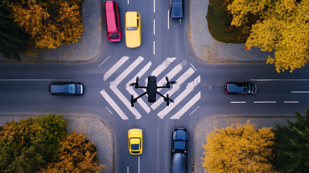 A drone captures a bustling traffic scene at an intersection surrounded by vibrant autumn foliage.の素材