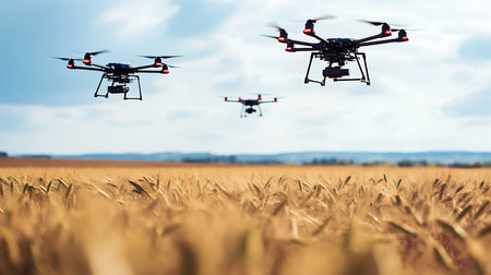 Drones are optimizing wheat field management through aerial surveillance in rural landscapes.の素材