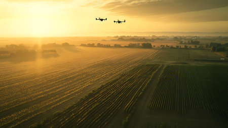 Drones capture breathtaking aerial views of vineyards during a stunning sunset.の素材