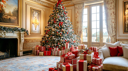 A beautifully decorated Christmas tree surrounded by gifts creating a warm holiday atmosphere.の素材