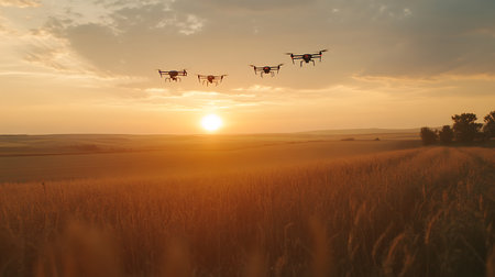 Drones capture stunning aerial views of golden fields during sunset showcasing modern agriculture.の素材
