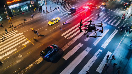 A drone captures real-time traffic flow in NYC showcasing urban life and technology's role in modern surveillance.の素材