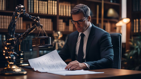 A focused lawyer analyzes critical documents in a sophisticated law office.の素材