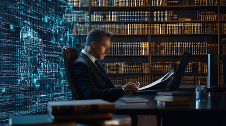 A lawyer meticulously reviews legal papers amidst digital data in a sophisticated office.の素材