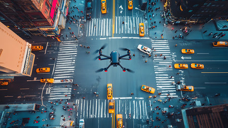 Explore the vibrant streets of New York City through stunning aerial drone photography.の素材