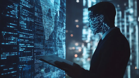 Explore the intersection of technology and business showcasing a digital transformation in a modern urban environment.の素材