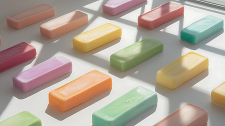 Explore an artistic display of vibrant soap bars in a clean modern studio setting.の素材