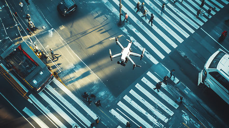 A drone captures bustling city life from above showcasing traffic and pedestrians in a vibrant urban environment.の素材