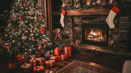 A warm holiday scene featuring a decorated tree gifts and a glowing fireplace.の素材