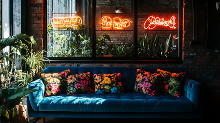 A vibrant urban lounge adorned with neon signs and floral decor invites warmth and connection.の素材