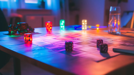 A group gathers around a lively board game illuminated by vibrant lights enjoying a cozy game night together.の素材