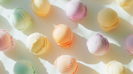 A vibrant display of colorful ice cream scoops inviting a delightful treat experience.の素材