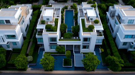 Explore the stunning design and layout of luxury homes in a serene neighborhood.の素材