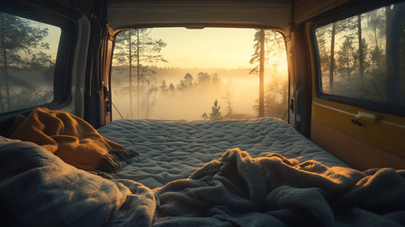 Experience tranquility in a van surrounded by misty forests at sunrise.の素材
