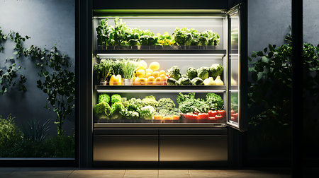 A vibrant display of fresh vegetables in an urban grocery store showcasing quality and variety.の素材