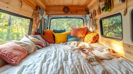 Experience the serenity of a cozy van interior nestled in nature perfect for relaxation.の素材