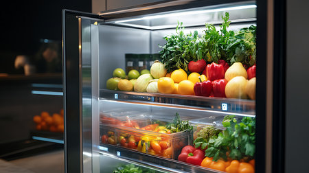 A vibrant display of fresh fruits and vegetables in a stylish kitchen fridge highlights healthy eating.の素材