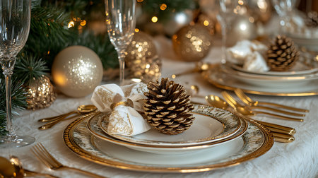 A beautifully arranged Christmas table setting with gold accents and festive decor evoking holiday cheer.の素材