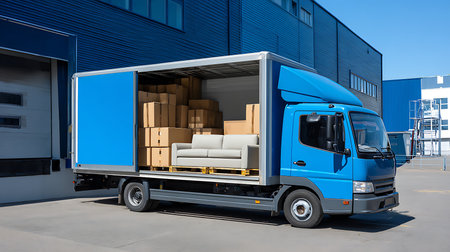 A blue moving truck filled with furniture stands ready for delivery in an urban environment.の素材