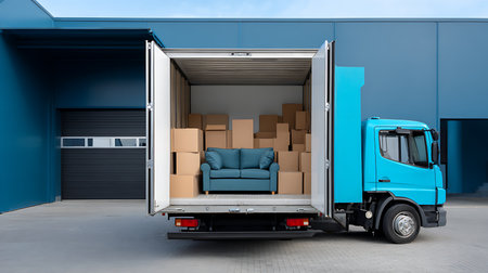 A moving truck filled with boxes and a couch showcasing the essence of relocation and organization.の素材