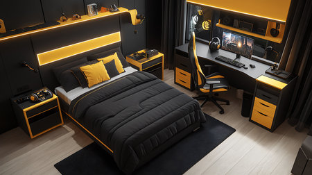 Explore a sleek black and yellow bedroom featuring elegant furniture and modern design elements.の素材