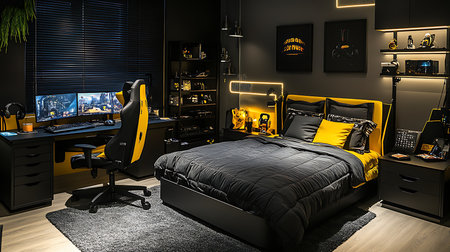 Explore a sleek gaming room featuring a stylish dark theme perfect for relaxation and immersive play.の素材
