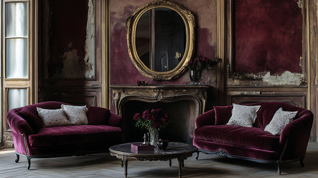 Discover a vintage room with elegant velvet sofas and antique decor perfect for cozy gatherings.の素材