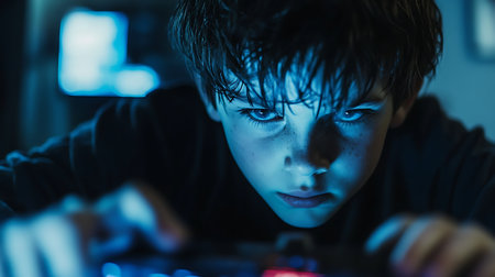 A young boy immersed in gaming showcasing concentration and the thrill of digital interaction.の素材