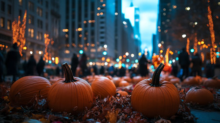 Explore the vibrant pumpkin festival in a bustling city showcasing autumn's charm and community spirit.の素材