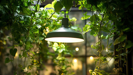 A vintage lamp illuminates a vibrant indoor garden showcasing the beauty of nature intertwined with design.の素材