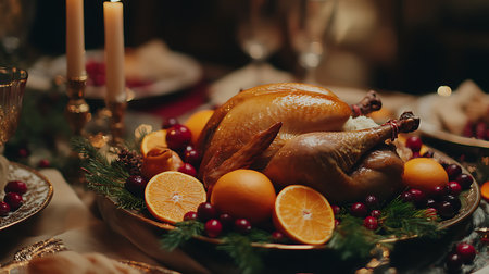 Celebrate Thanksgiving with a beautifully arranged roast turkey centerpiece surrounded by festive fruits.の素材