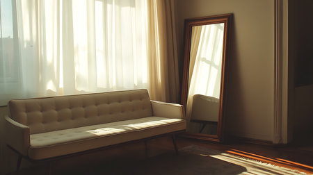 A cozy living room bathed in sunlight featuring a stylish sofa and a vintage mirror.の素材