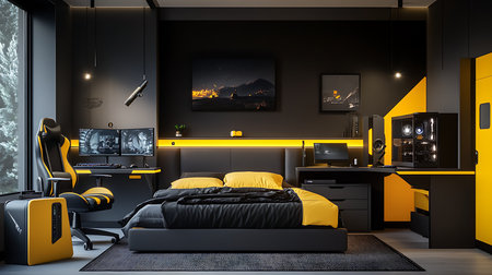 Explore a stylish gaming bedroom featuring black and yellow decor perfect for tech enthusiasts.の素材
