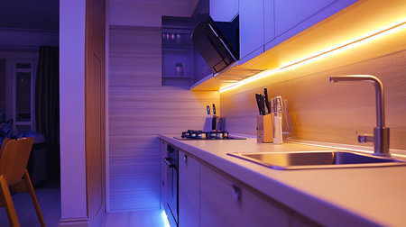 Explore a stylish kitchen showcasing modern design and ambient lighting.の素材