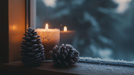 A peaceful winter scene with candles and pinecones by a frosty window evoking warmth and tranquility.の素材