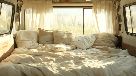 A glimpse into a serene van interior inviting comfort and the essence of adventurous living.の素材