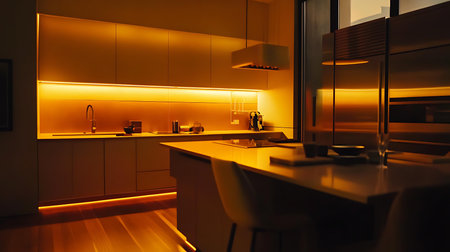 Explore the serene beauty of a modern kitchen bathed in warm lighting.の素材