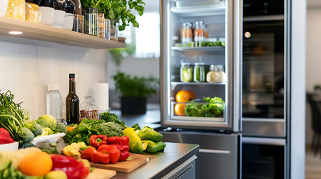 Explore the vibrant world of fresh ingredients in a modern kitchen setup.の素材