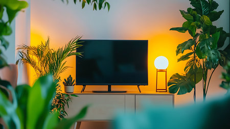 Explore a serene living room featuring a modern TV setup warm lighting and lush indoor plants.の素材