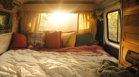 Enjoy the serene ambiance of a cozy van interior perfect for a nature retreat adventure.の素材