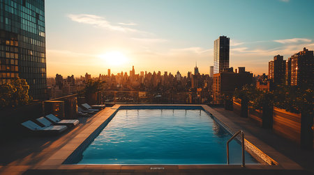 A tranquil rooftop pool scene captures the vibrant sunset over a bustling city skyline.の素材