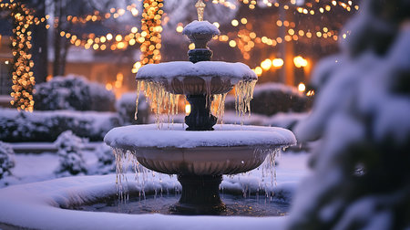 A beautiful winter scene featuring a fountain covered in snow glowing with festive lights.の素材