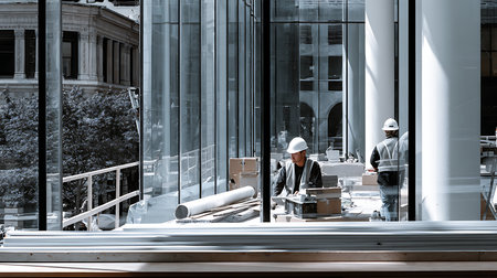 Construction workers collaborate on a new building showcasing urban development and teamwork.の素材