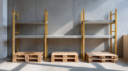 A modern warehouse showcases organized shelves and wooden pallets emphasizing minimalist design.の素材