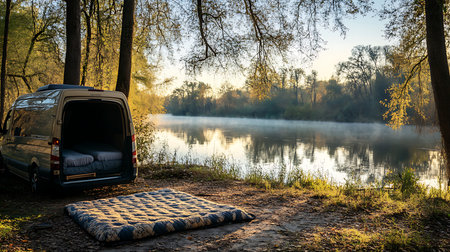 A tranquil scene of van life by a misty river inviting peaceful moments in nature.の素材