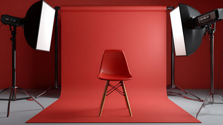 A modern chair takes center stage in a vibrant photo studio with dramatic lighting.の素材