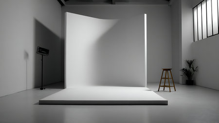 A minimalist studio space designed for photography featuring a clean backdrop and artistic lighting.の素材