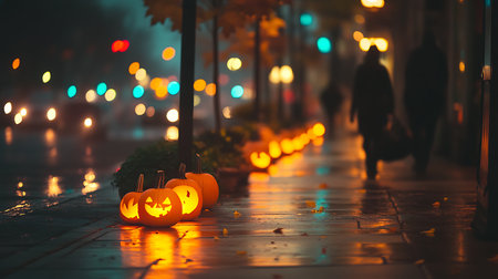 A festive Halloween evening with glowing pumpkins illuminating a rainy city street.の素材