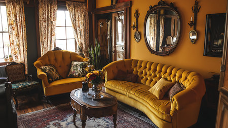 A beautifully arranged living room showcasing vintage furniture and a warm inviting atmosphere.の素材