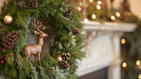 A beautifully crafted deer wreath adds holiday spirit to a cozy living room setting.の素材